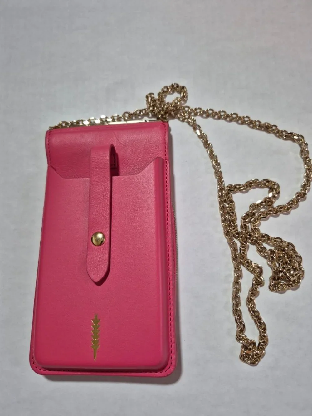 Thacker Nora Pink Leather Phone Wallet Crossbody Gold Chain